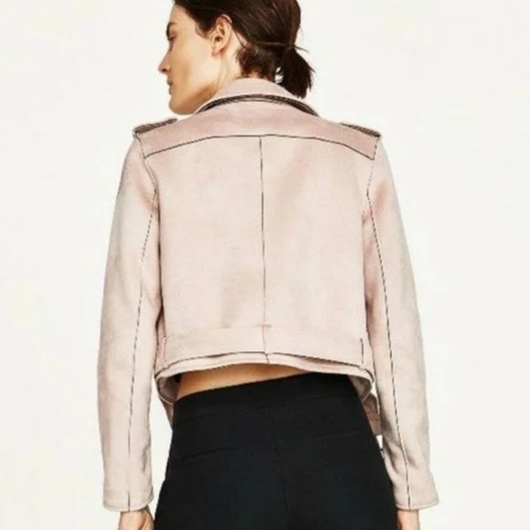 Zara Light Pink Suede Moto Jacket - Picture 2 of 16